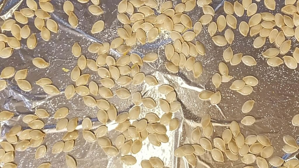 Large baking sheet of clean pumpkin seeds