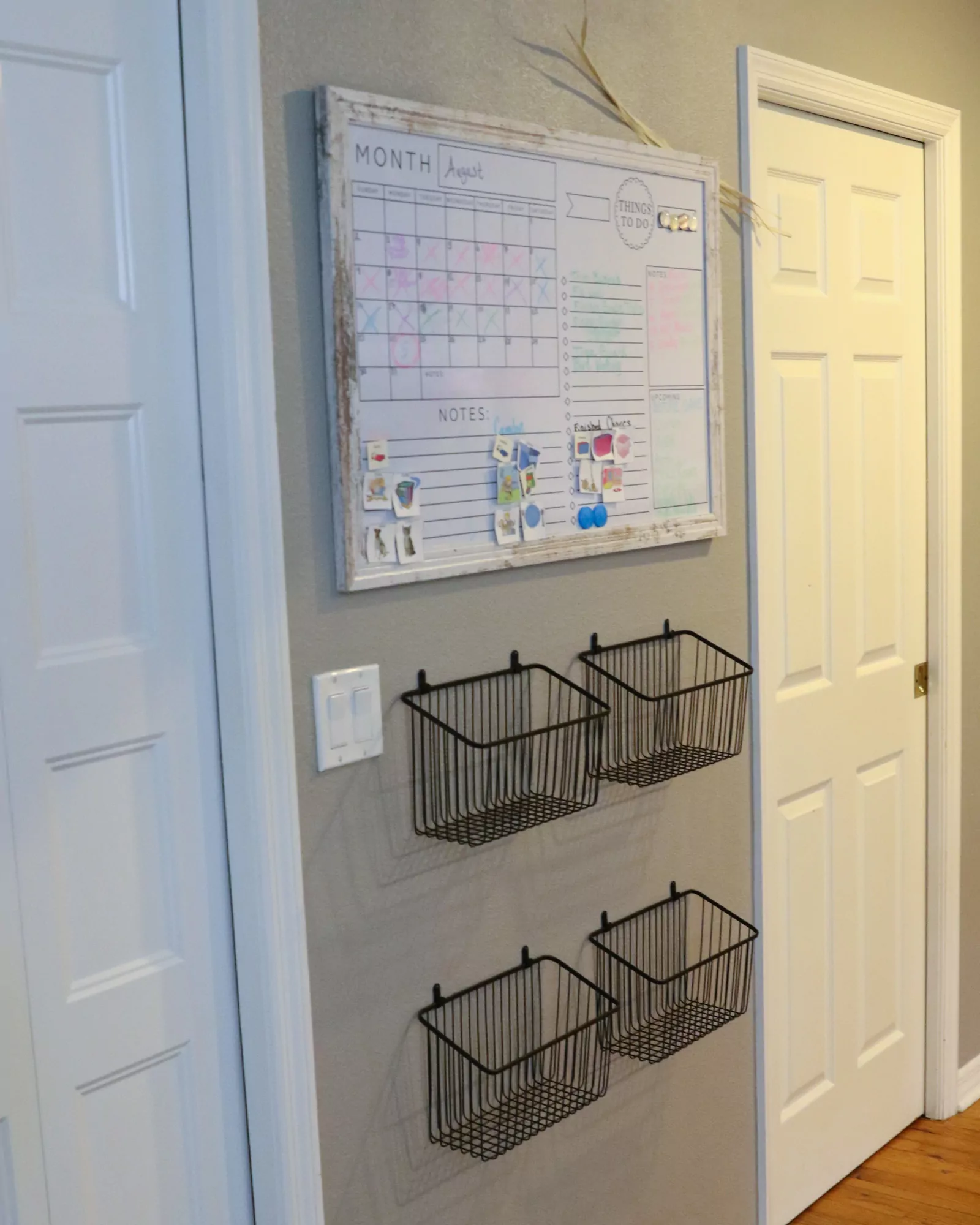 Have a family routine organizer (like this calendar and baskets) and a drop off zone for backpacks for an easier morning routine